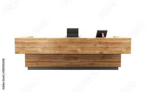 A modern reception desk crafted from natural wood, featuring two monitors photo