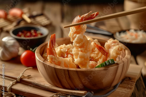 Japanese lunch served in a wooden ball, photo