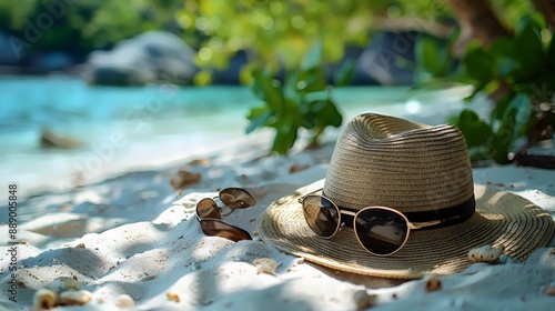 Fototapeta Naklejka Na Ścianę i Meble -  A straw hat and sunglasses are on the beach