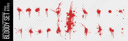 Set of bloody stains and splatters on transparent background. Dynamic splashes of red color. Bloody stains and marks. Splashes and bruises. Big set of traces fresh blood. Realistic set of red spots