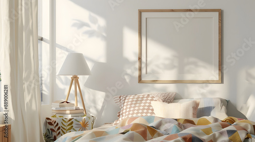 charming kid's bedroom with a simple wooden frame mockup hanging above a cute bed adorned with a patchwork quilt. a lamp, and a few storybooks. The room has soft pastel walls and a cozy atmosphere.