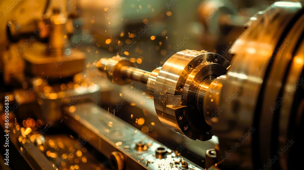 Close-up of a metalworking lathe in operation, with sparks flying. Close-up of a metalworking lathe in operation, with sparks flying.
