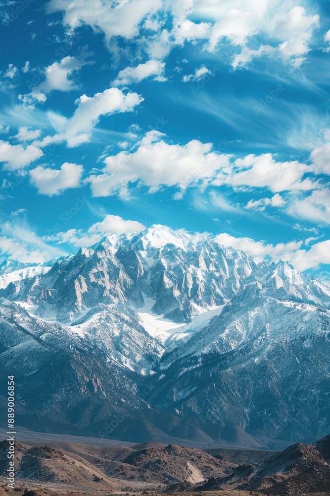 Obraz premium A mountain range covered in snow and a clear blue sky. The sky is dotted with clouds, giving the scene a serene and peaceful atmosphere