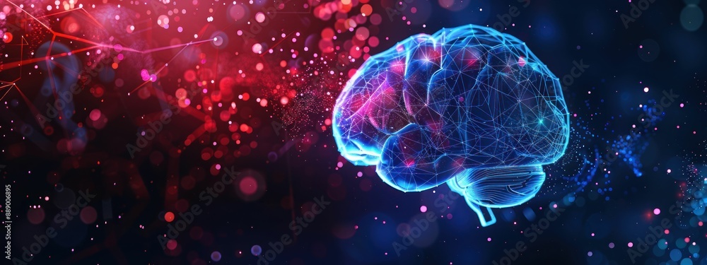 Glowing blue digital brain with red and pink light particles Glowing blue digital brain with red and pink light particles