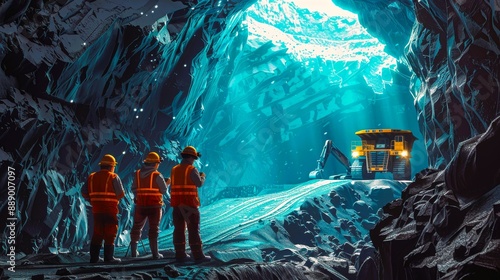 Three miners stand in a glowing cave entrance, looking out at a distant vehicle.  A sense of mystery and exploration fills the scene. photo