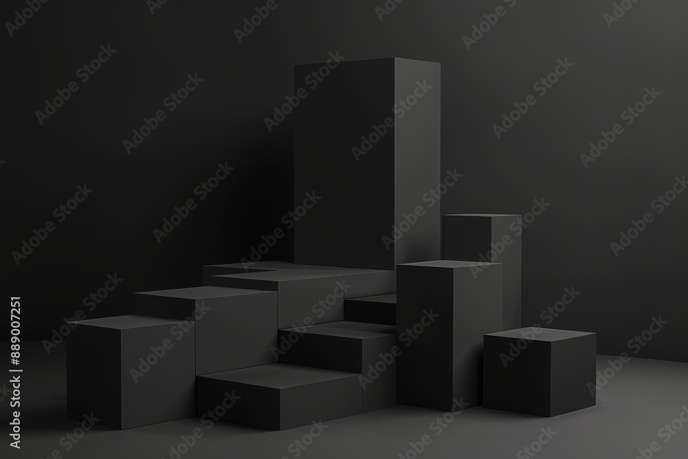3D Rendering of Simple Black Background with Minimalist Geometric Shapes 3D Rendering of Simple Black Background with Minimalist Geometric Shapes