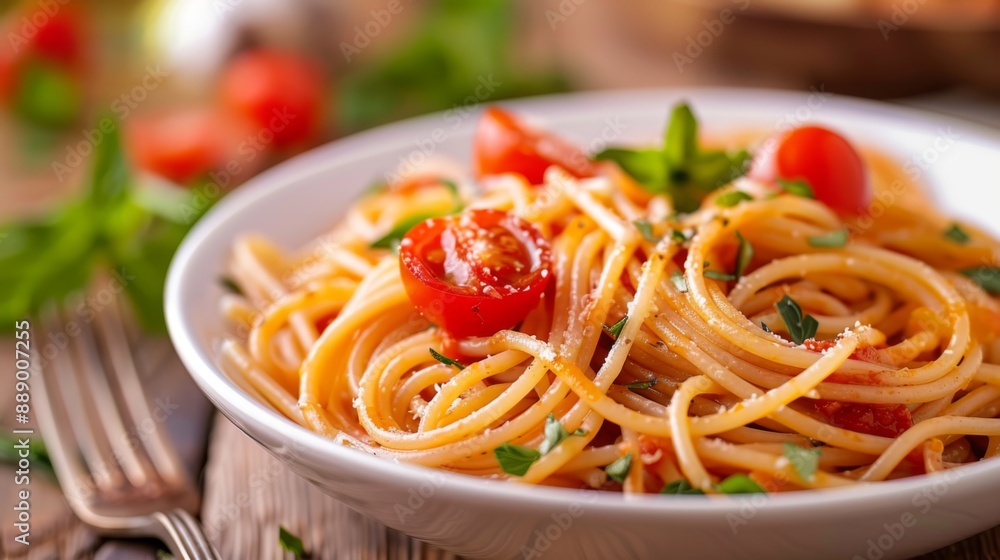Close-up of a tomato pasta dish with cherry tomatoes, garlic, and herbs in a white bowl. Close-up of a tomato pasta dish with cherry tomatoes, garlic, and herbs in a white bowl.