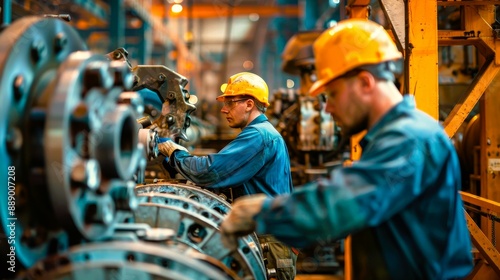 Two workers in hard hats assembling machinery in a factory.