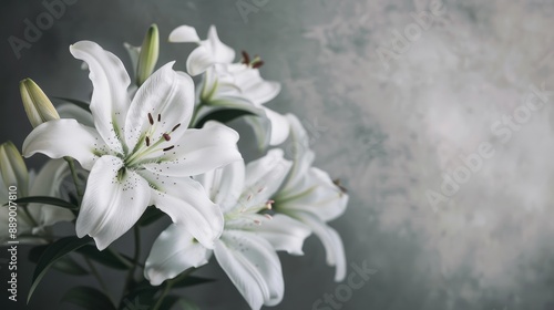 A bouquet of white lilies sits on a grey background. The flowers are the main focus of the image, and they appear to be the most vibrant and beautiful part of the scene