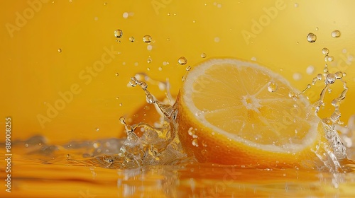 Lemon splash in water with vibrant yellow background