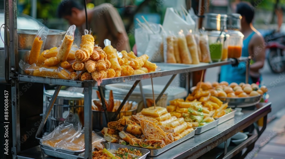 Close-up of a vendor's cart with Roti Sai Mai displayed attractively for customers. Close-up of a vendor's cart with Roti Sai Mai displayed attractively for customers.