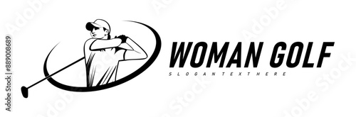 golf woman player black and white illustration logo design vector