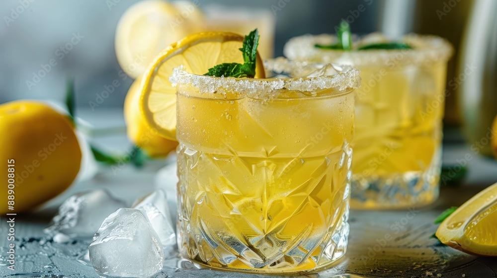 Fototapeta premium A glass of lemonade with a sprig of basil on top. The drink is served in a tall glass with a stem. The glass is placed on a table with a few lemons and a bunch of basil