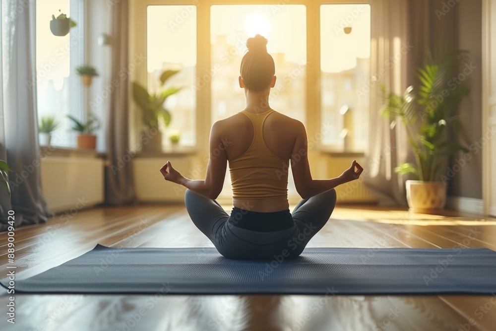 Woman Practicing Yoga In A Sunny Living Room Woman Practicing Yoga In A Sunny Living Room