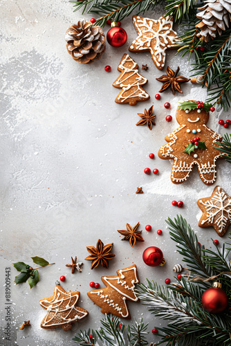 Festive christmas frame from homemade gingerbread cookies on wood background with copy space. Xmas, New Year celebration concept for greeting postcard, banner