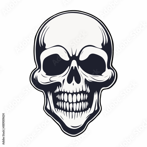 vintage and retro skull logo featuring a human skeleton head with a horrifying grin designed in white against a stark white background ai generated