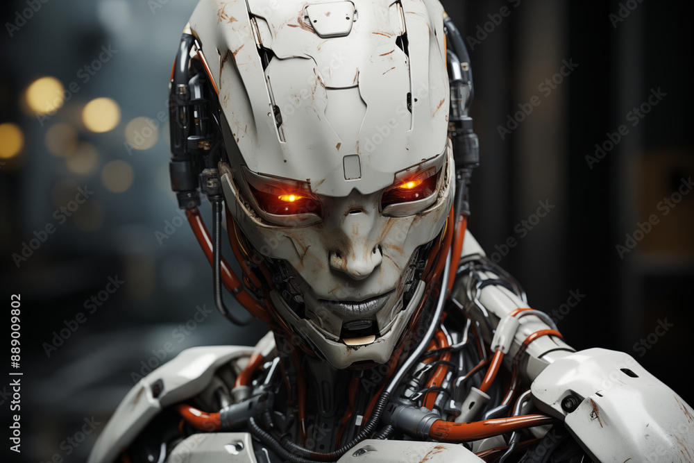 Man in advanced white robotic suit in a high-tech setting.
Man in advanced white robotic suit in a high-tech setting.