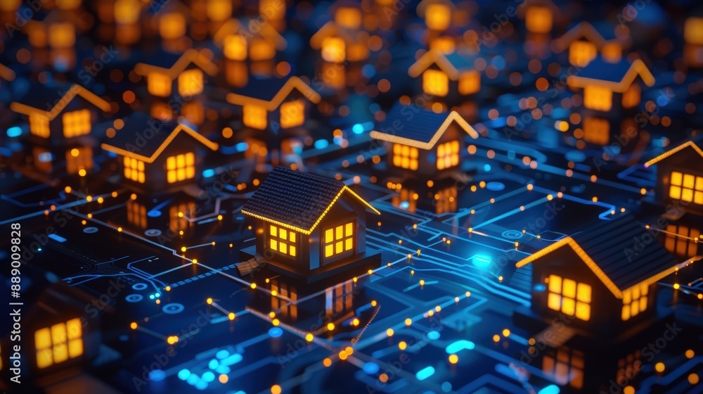 Modern Smart Homes with Glowing Lights on a Digital Circuit Board Background Representing Technology and Connectivity Modern Smart Homes with Glowing Lights on a Digital Circuit Board Background Representing Technology and Connectivity