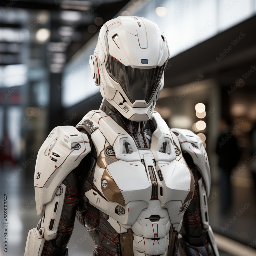 Fototapeta premium Man in advanced white robotic suit in a high-tech setting. 