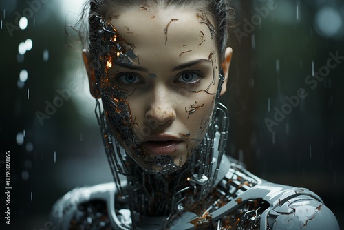 Hyper-realistic humanoid robot with intricate armor.
