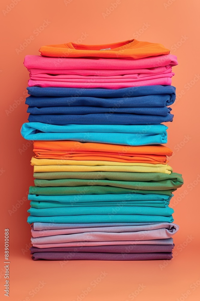 A stack of colorful shirts on a wooden surface. The shirts are piled on top of each other, creating a colorful and vibrant display. The arrangement of the shirts suggests a sense of organization A stack of colorful shirts on a wooden surface. The shirts are piled on top of each other, creating a colorful and vibrant display. The arrangement of the shirts suggests a sense of organization