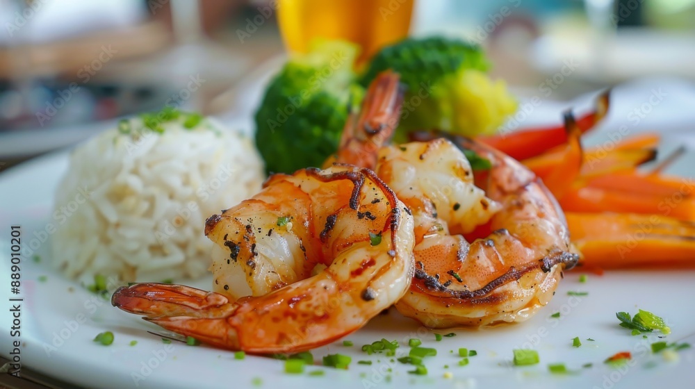 Close-up of grilled shrimp served with steamed vegetables and rice on a restaurant table. Close-up of grilled shrimp served with steamed vegetables and rice on a restaurant table.