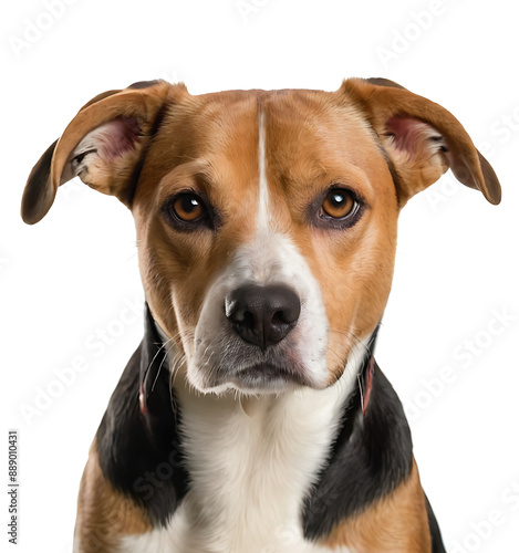 Headshot of a mixed breed dog with brown, black, and white markings and a calm expression, isolated on a white background. Perfect for pet-related articles, animal welfare campaigns, or veterinary web © mudasar