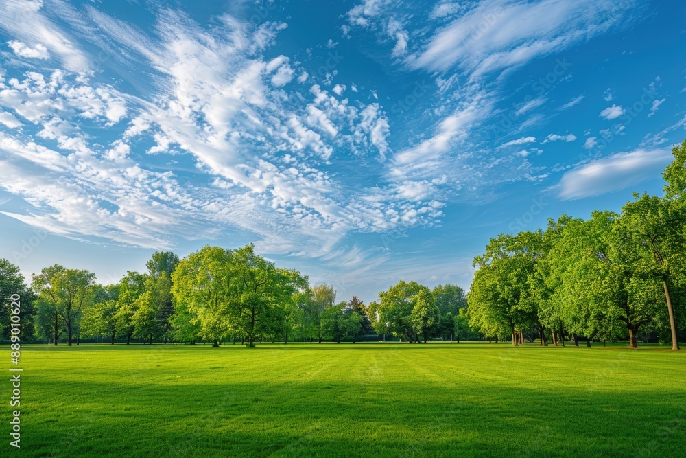 Green Pastures Garden: A Serene City Park Landscape with Lush Grass and Blue Sky Green Pastures Garden: A Serene City Park Landscape with Lush Grass and Blue Sky