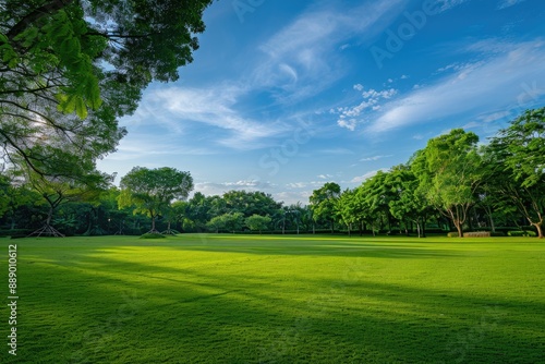 Green Pastures. City Park Landscape with Lush Green Grass, Trees and Blue Sky