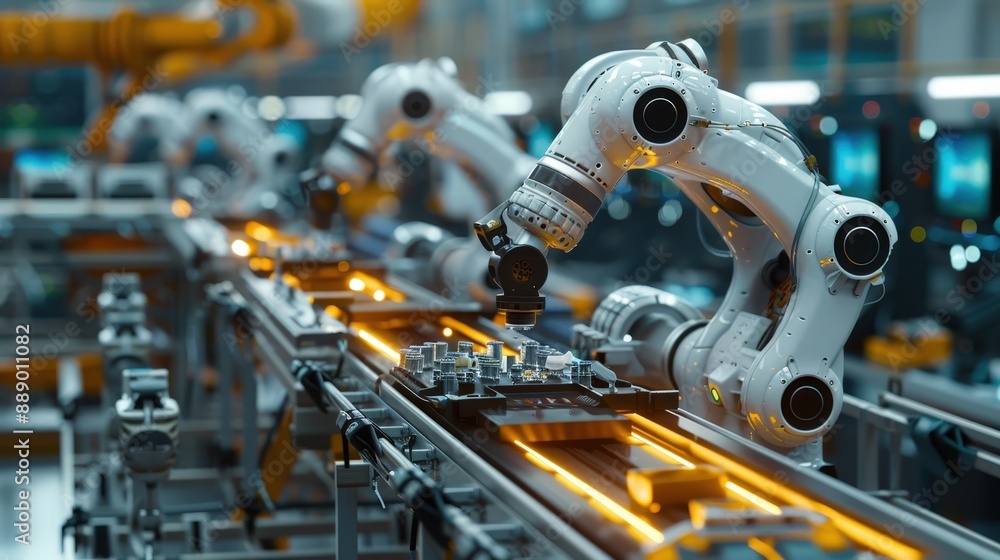 Advanced Robotic Arms Assembling Electronic Components in a High-Tech Manufacturing Facility Advanced Robotic Arms Assembling Electronic Components in a High-Tech Manufacturing Facility
