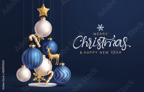Christmas balls vector design. Merry christmas greeting text with hanging xmas balls, candy cane, snowflakes and stars decoration elements in podium stage elegant blue background. Vector illustration 