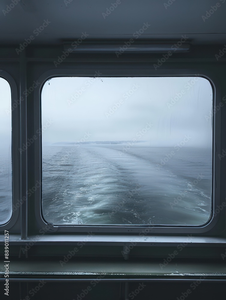 Obraz premium Ferry window view of vast ocean with gray cloudy sky. Small boat on calm sea water. Perfect for travel agency and tours.