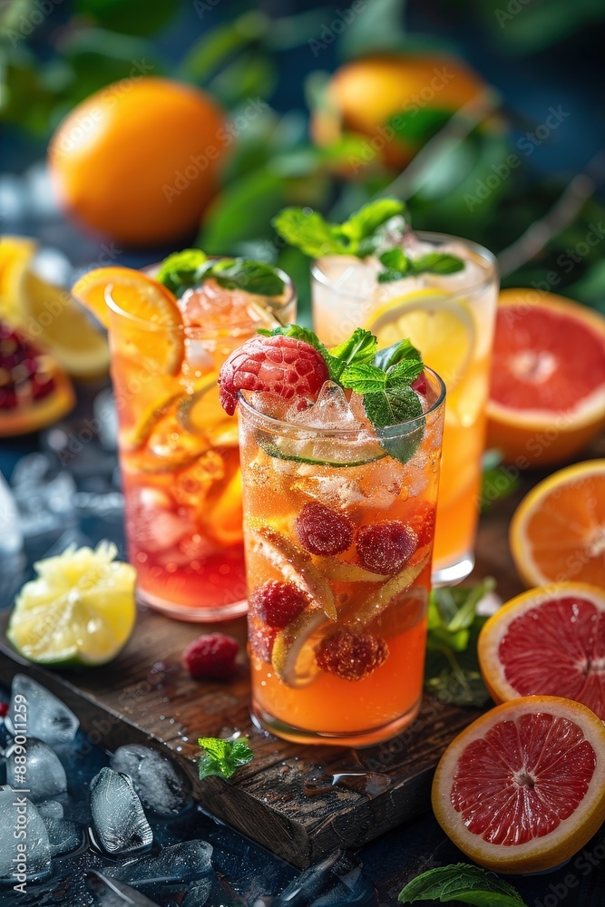 Refreshing Citrus and Berry Summer Drinks with Ice and Fresh Mint Garnish on a Wooden Board Refreshing Citrus and Berry Summer Drinks with Ice and Fresh Mint Garnish on a Wooden Board