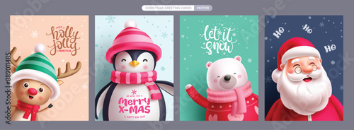 Christmas greeting card characters vector poster set. Christmas characters like santa claus, reindeer, penguin and polar bear for holiday season xmas cards collection. Vector illustration greeting 