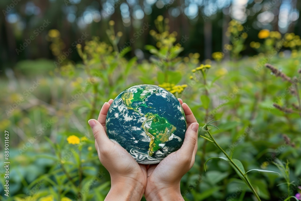 Green planet in hands symbolizing Earth conservation. Green planet in hands symbolizing Earth conservation.
