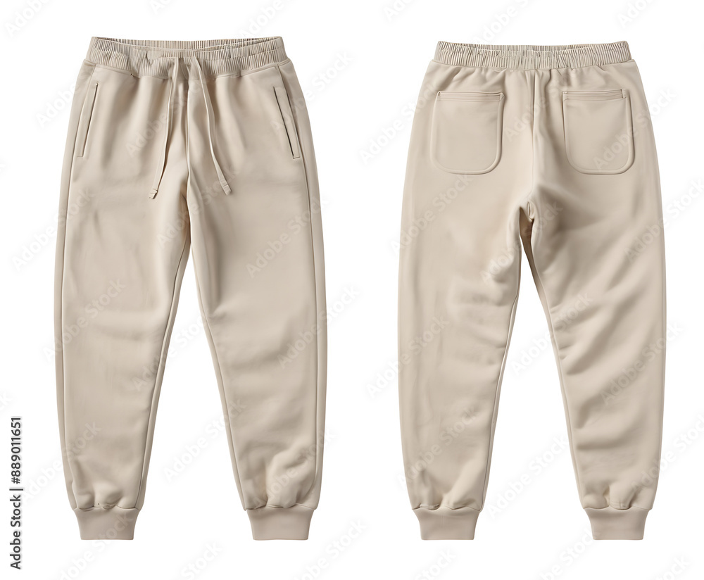 Front and back views of a blank, cream-colored pair of sweatpants with a drawstring waist and side pockets, perfect for showcasing designs, branding, or promoting casual wear. Front and back views of a blank, cream-colored pair of sweatpants with a drawstring waist and side pockets, perfect for showcasing designs, branding, or promoting casual wear.