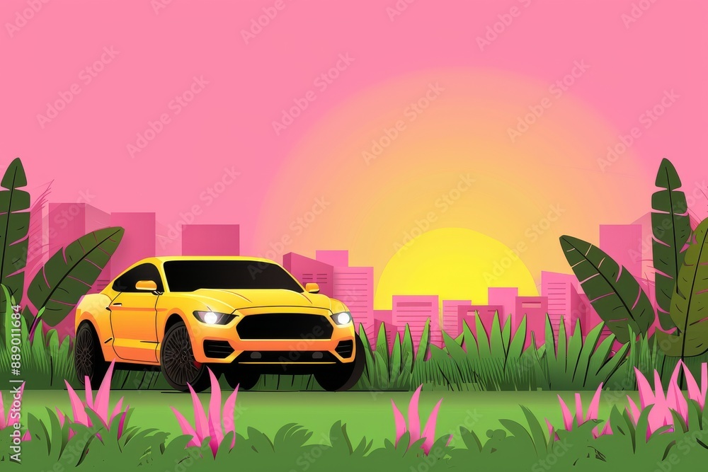 Vibrant sunset with sports car parked against a pink and green backdrop exuding a retro summer feel Vibrant sunset with sports car parked against a pink and green backdrop exuding a retro summer feel