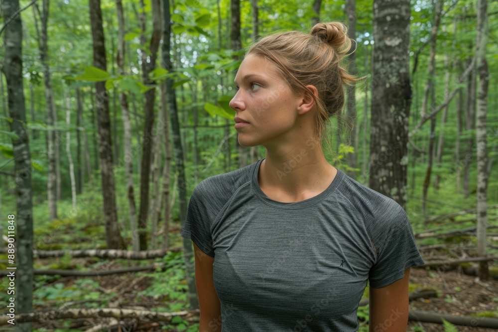 Profile of a relaxed woman breathing fresh air in a green forest Profile of a relaxed woman breathing fresh air in a green forest