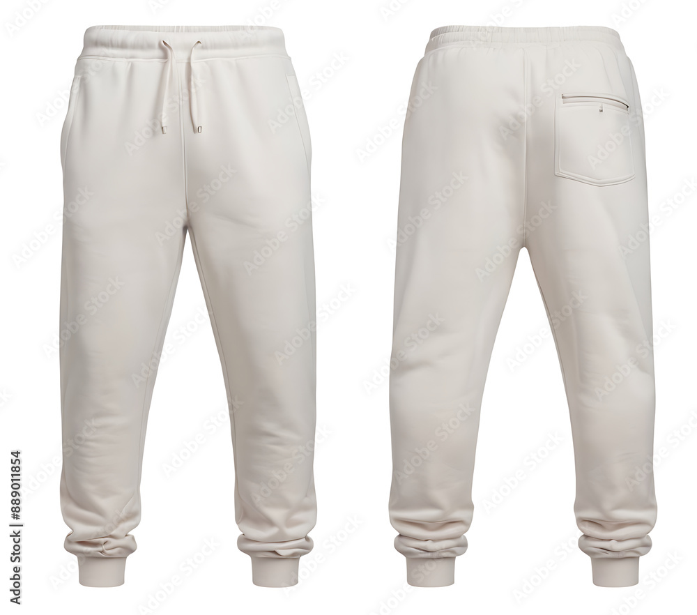 Front and back views of a blank, cream-colored pair of sweatpants with a drawstring waist and side pockets, perfect for showcasing designs, branding, or promoting casual wear. Front and back views of a blank, cream-colored pair of sweatpants with a drawstring waist and side pockets, perfect for showcasing designs, branding, or promoting casual wear.