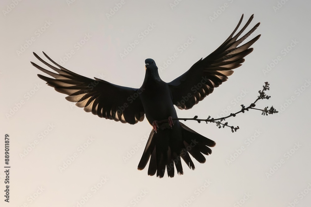 Fototapeta premium Pigeon silhouette holding branch in peace sign flying at sunset.