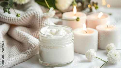 Elegant jar of overnight collagen mask on a bedside table, surrounded by candles, flowers, and silk linens. Cozy bedroom softly lit with warm light creates a relaxing nighttime atmosphere photo