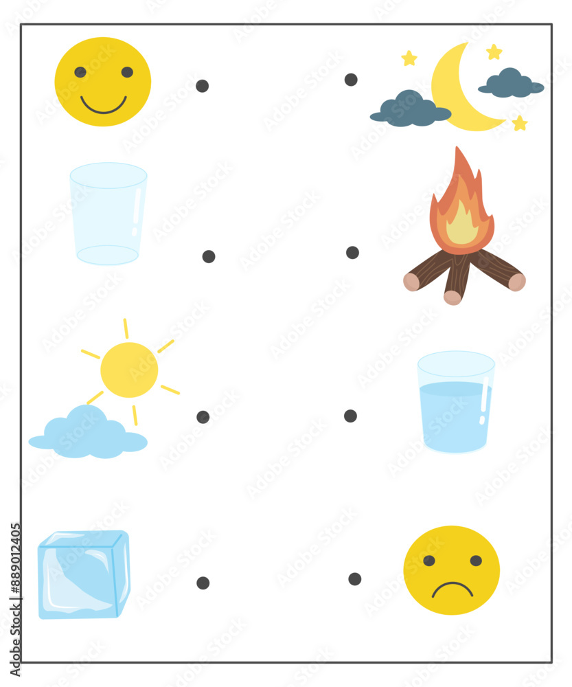 Fototapeta Opposite worksheet for kids, Opposite activity for kindergarten, Opposite printable (day and night, happy and sad, hot and cold, empty and full)