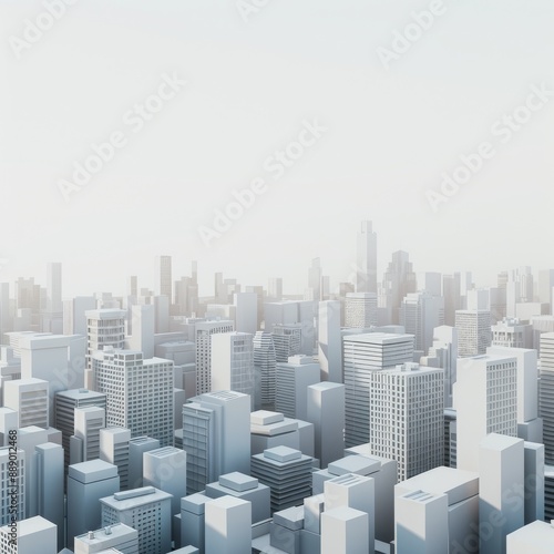 A 3D render of a modern cityscape with clean lines and geometric buildings, seen from afar background © Farid