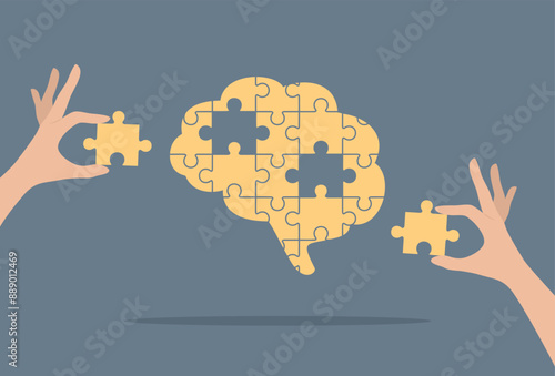 A yellow puzzle brain and two hands putting the missing pieces into it. Flat vector illustration