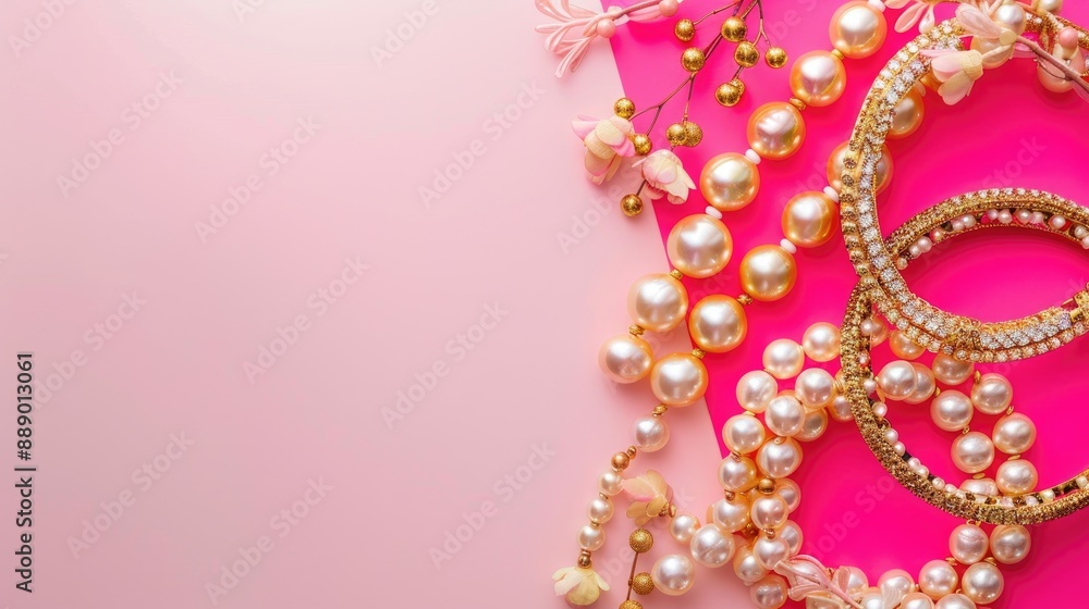Golden and pearls bracelets on pink and white background captured from above Golden and pearls bracelets on pink and white background captured from above