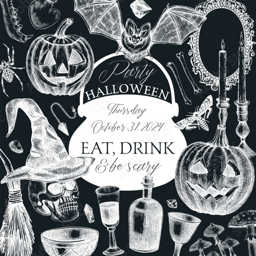 Vintage Halloween frame design on chalkboard. Hand-drawn vector illustration. Skull, bones, pumpkin, poisons, cauldron sketch. Witch party invitation, poster, card. Not AI generated
