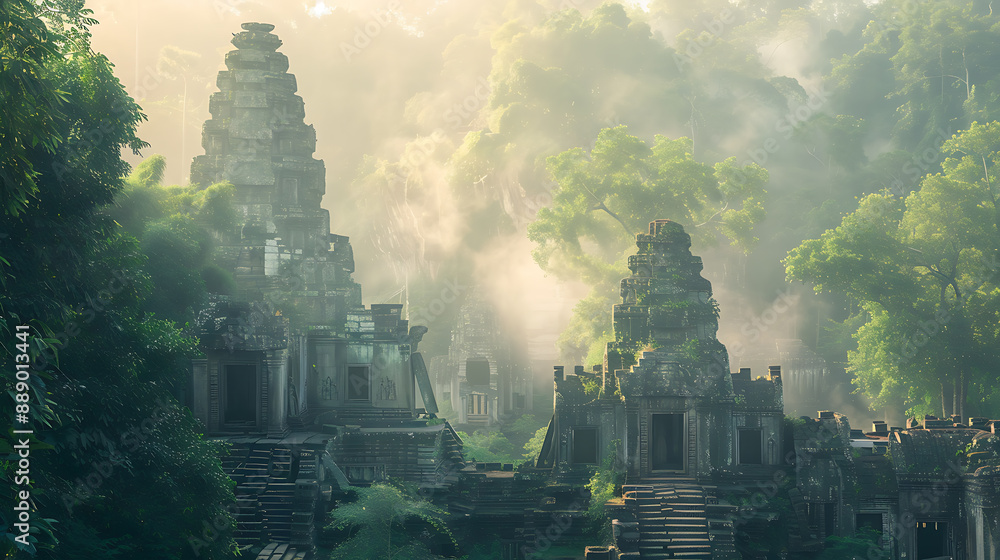 Fototapeta premium Ancient Temple Ruins in Misty Jungle 