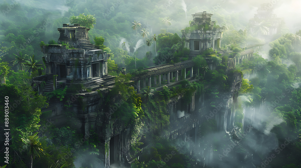 Obraz premium Ancient Temple Ruins in Misty Jungle 