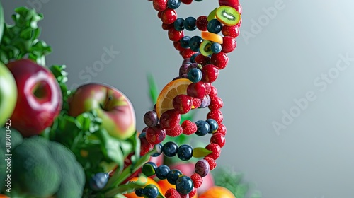 DNA strand made of fruits and vegetables, symbolizing genetically modified organisms in agriculture