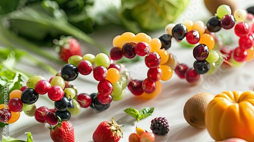 DNA strand made of fruits and vegetables, symbolizing genetically modified organisms in agriculture